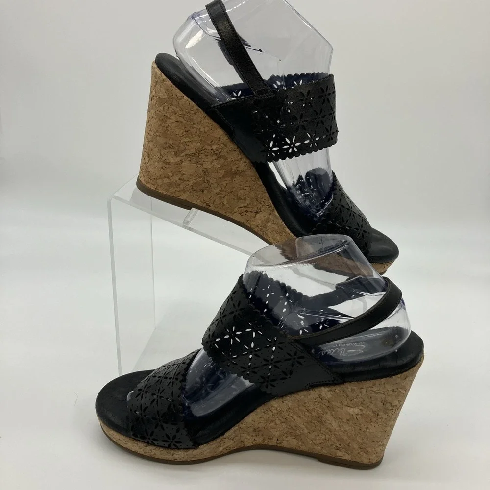 Walking Cradles Sandals 9 W Black Leather Cork Wedge Slingback Shoes Ankle Strap
